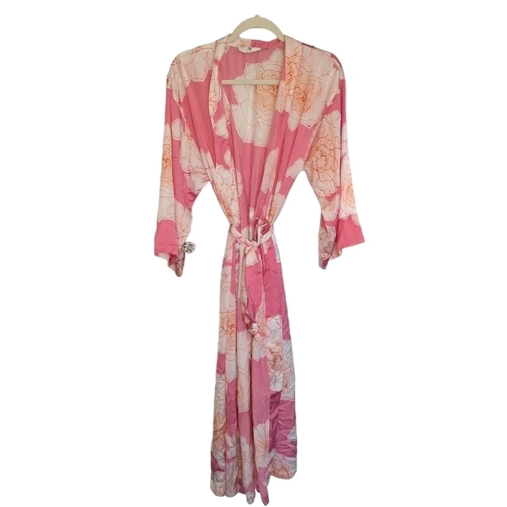 NATORI Nara Women’s Floral Belted Kimono Robe Pink White Peony Size M - Picture 9 of 15